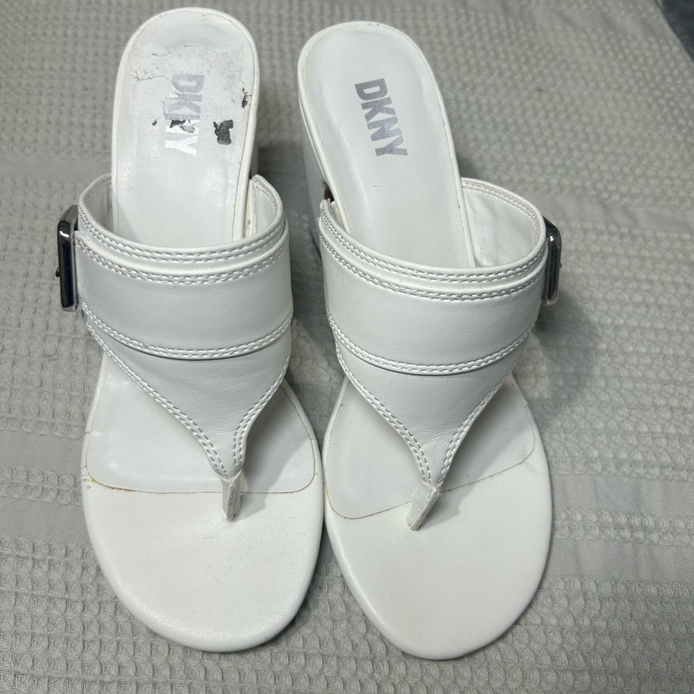 DKNY White Block Heel Sandals